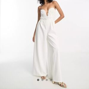 ASOS DESIGN 2 in 1 plunge fluffy bodice jumpsuit in cream